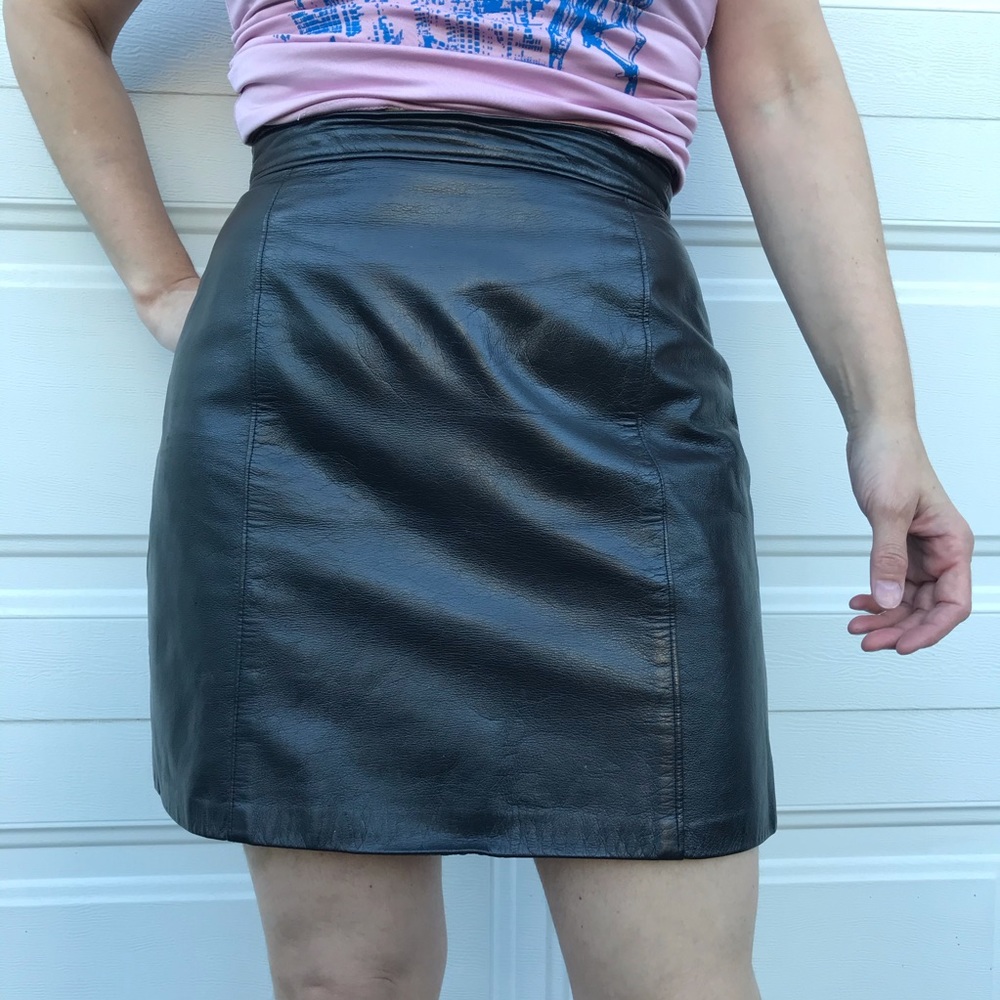 Vintage 80s Black Leather Moto Mini Pencil Skirt